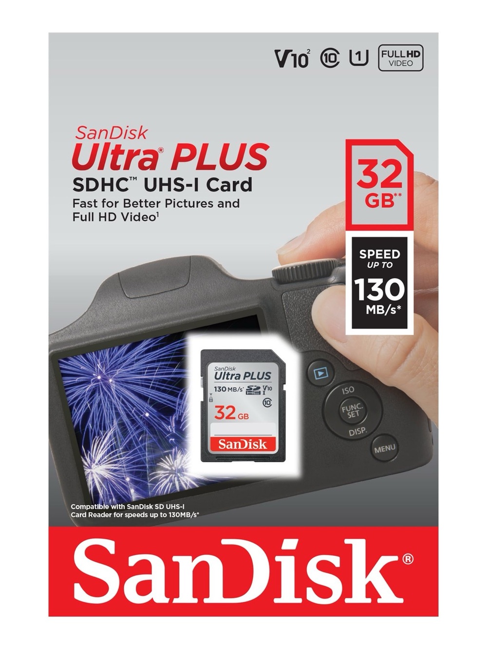 SanDisk Ultra PLUS 32GB SDHC UHS-I Memory Card - Red & White